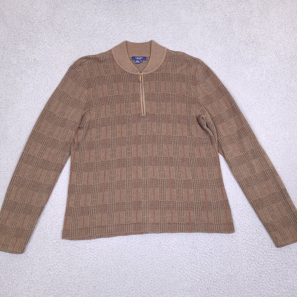 Vintage‎ Chaps Sweater Womens XL Brown Plaid 1/4 Zip Cotton Retro Soft